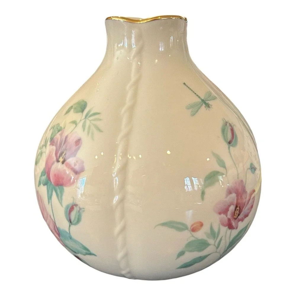 Lenox Vase Morningside Cottage Pattern with Flowers Dragonflies & Bees Gold Trim